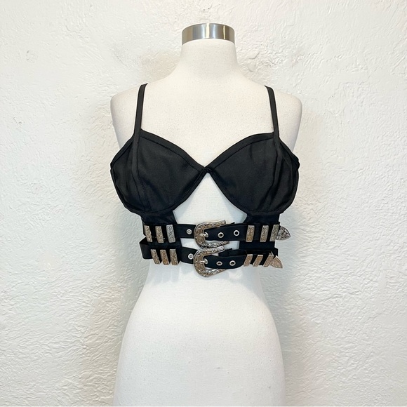 Black Cropped Bra Top Bandage Buckles Festival Goth Gothic Western Boho Large L - Picture 4 of 8